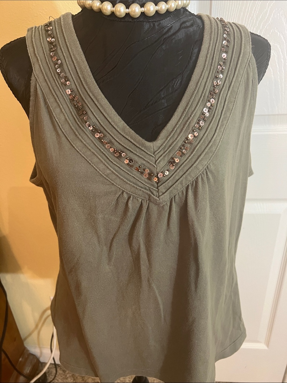 Sonoma Olive Green Sleeveless V-Neck Tank with Sequined Trim